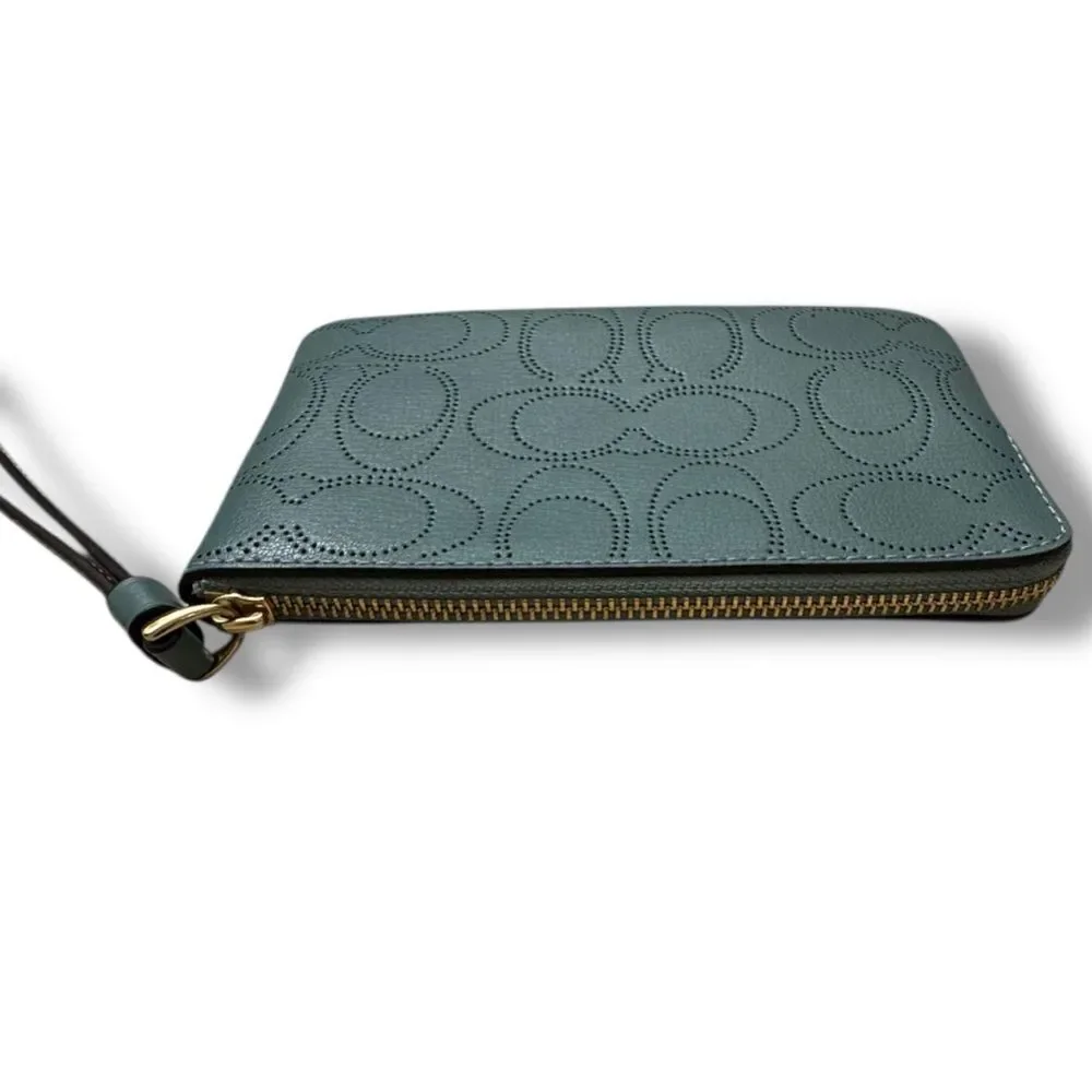 Coach Corner Zip Wristlet Seafoam Perforated Leather